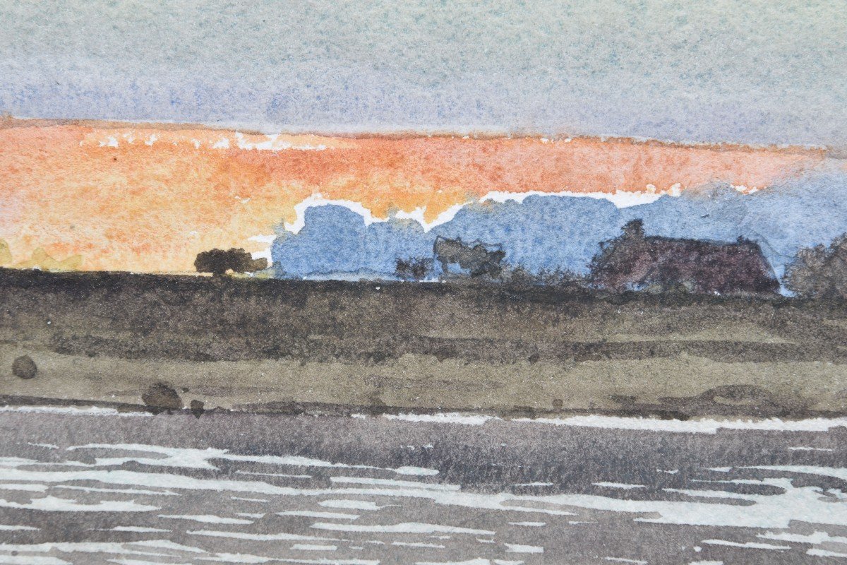 Ernest DESIGNOLLE "Lac au coucher de soleil" aquarelle 13,5x23-photo-1